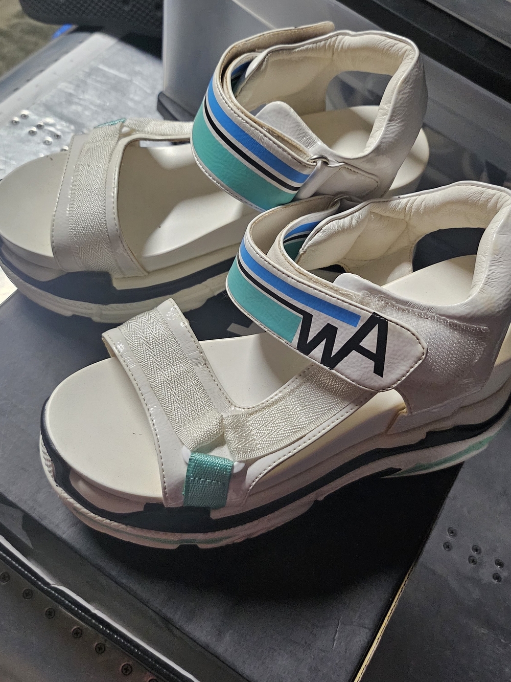 White Platform Sandals with Teal & Blue Accent Straps